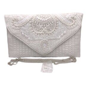 LuLus White Beaded Clutch Crossbody Bridal Evening Bag